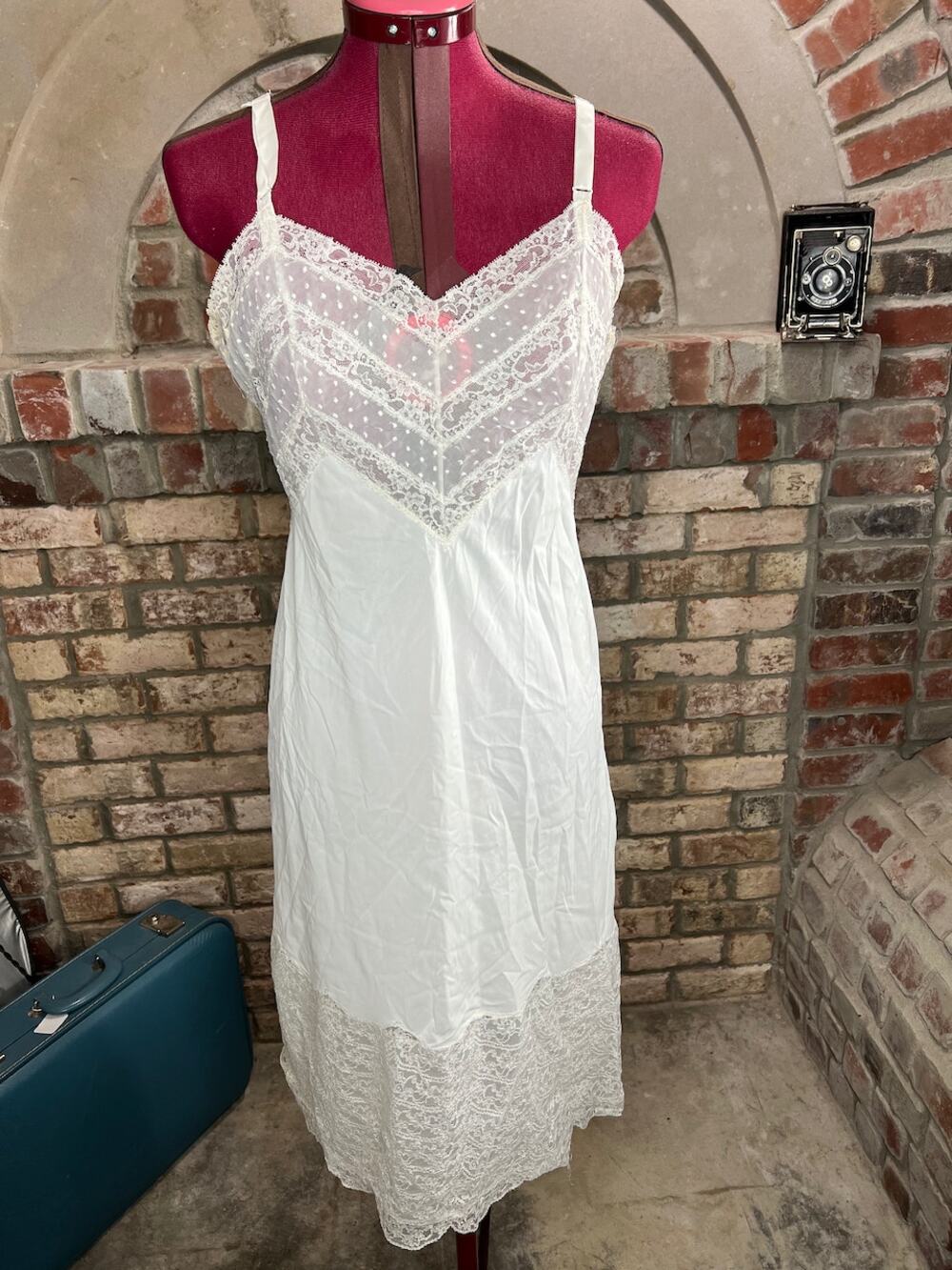 negligee slip Vintage white nightgown sheer lace bust